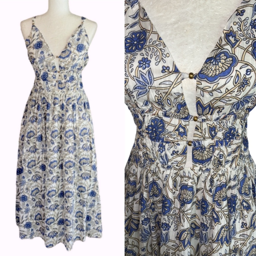 NWT Caroline Constas Blue Floral Print Gold Bead Cutout Midi Maxi Dress - S